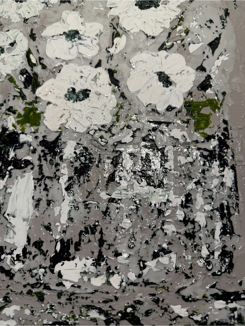 Original Artwork Blooms Textured White with Dark Green on Gray 16 x 20" - Picture 7 of 16